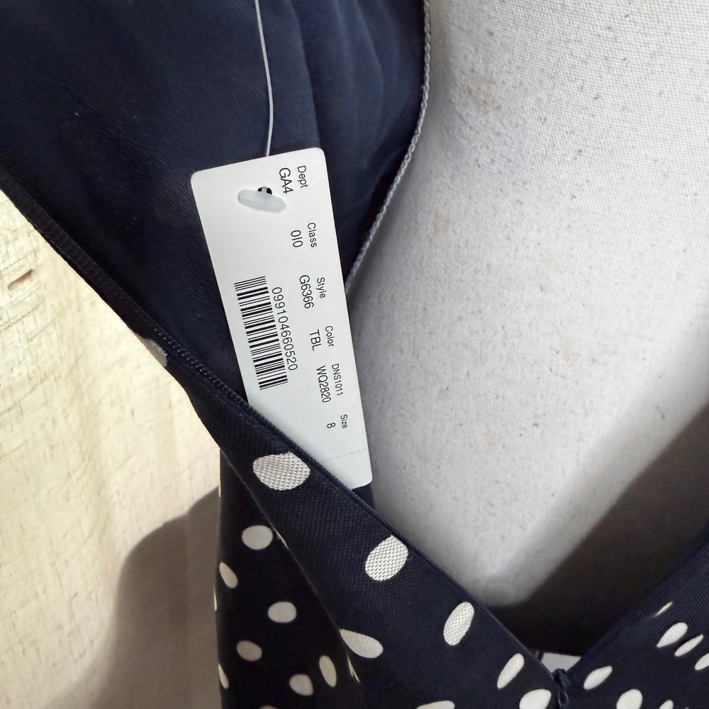 NWT J.Crew Polka Dot Dress Tie Shoulder Silk Linen Blend Navy Women's Size 8 - Picture 7 of 9